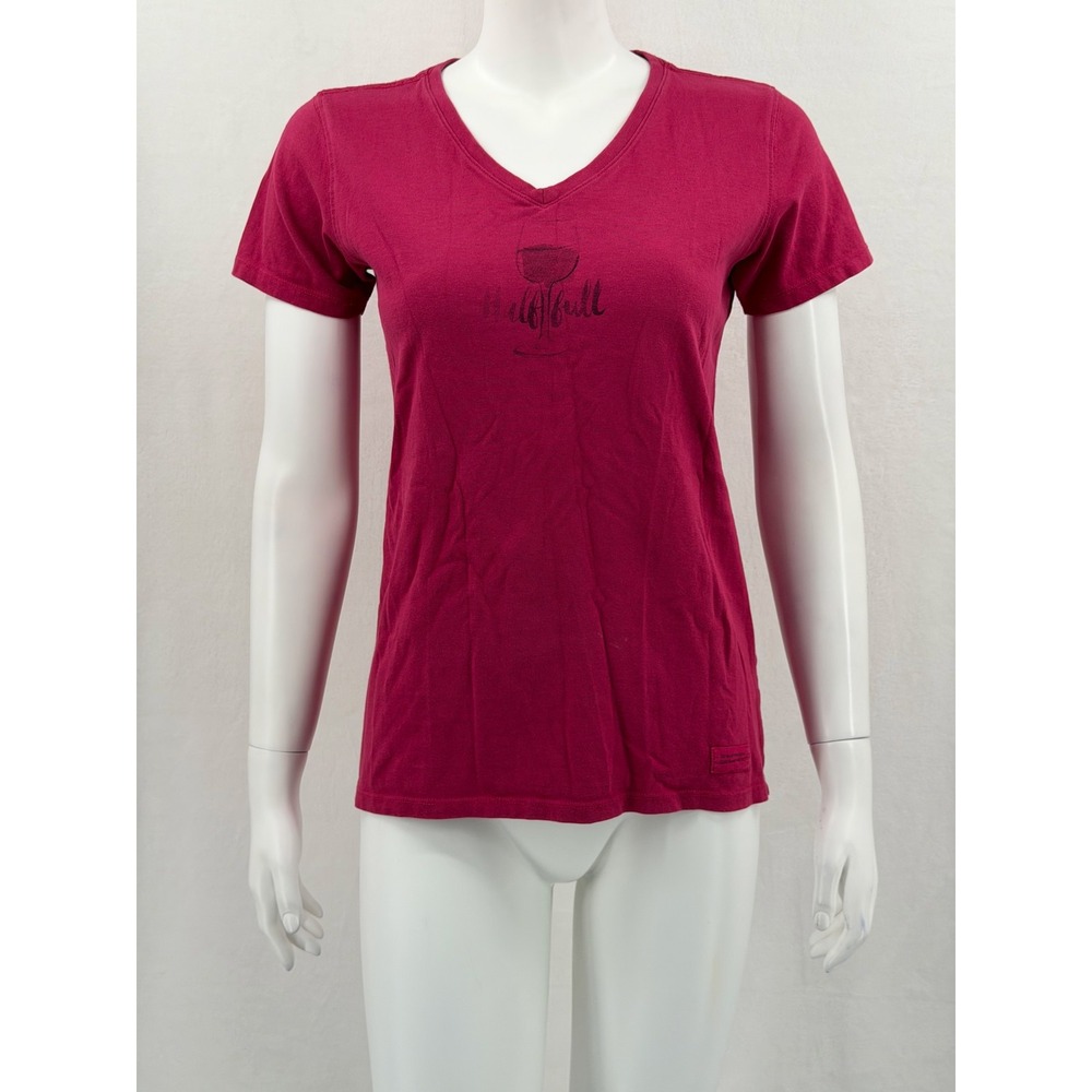 Life is Good Top Womens Small Pink Wine Glass Half Full Graphic 100% Cotton